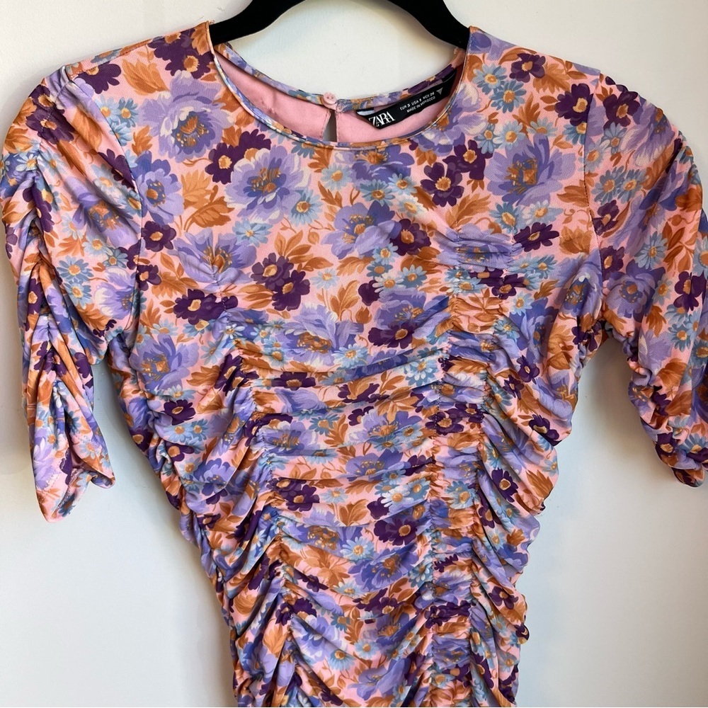 Zara Purple Print Ruched Mini Dress - Picture 9 of 17